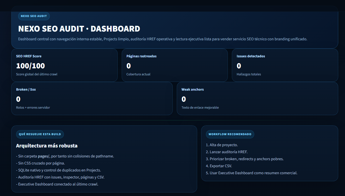 Dashboard principal de Nexo SEO Audit