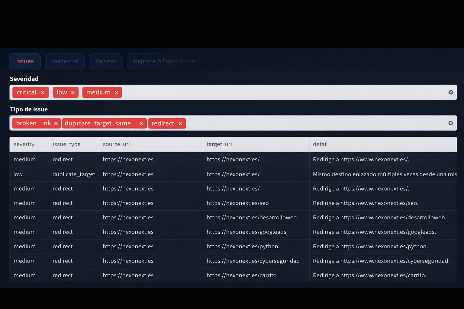 Vista HREF Audit de Nexo SEO Audit