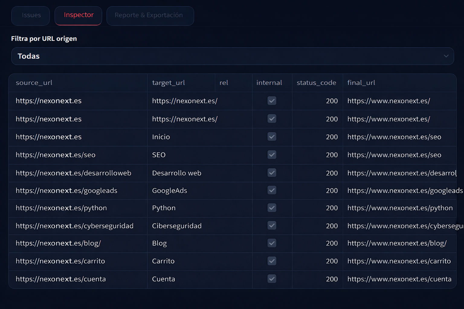 Vista Inspector SEO de Nexo SEO Audit