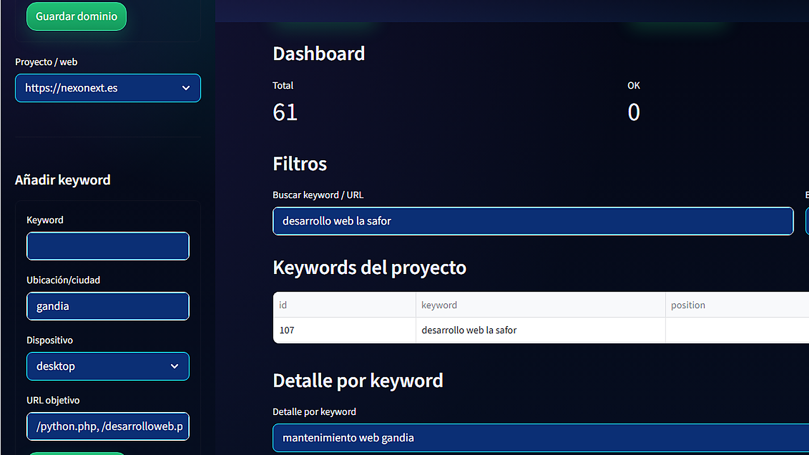 Vista general del sistema en NexoTracker
